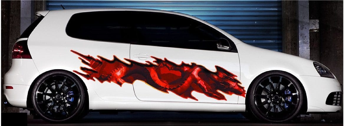Asian dragon decal on side of a white car